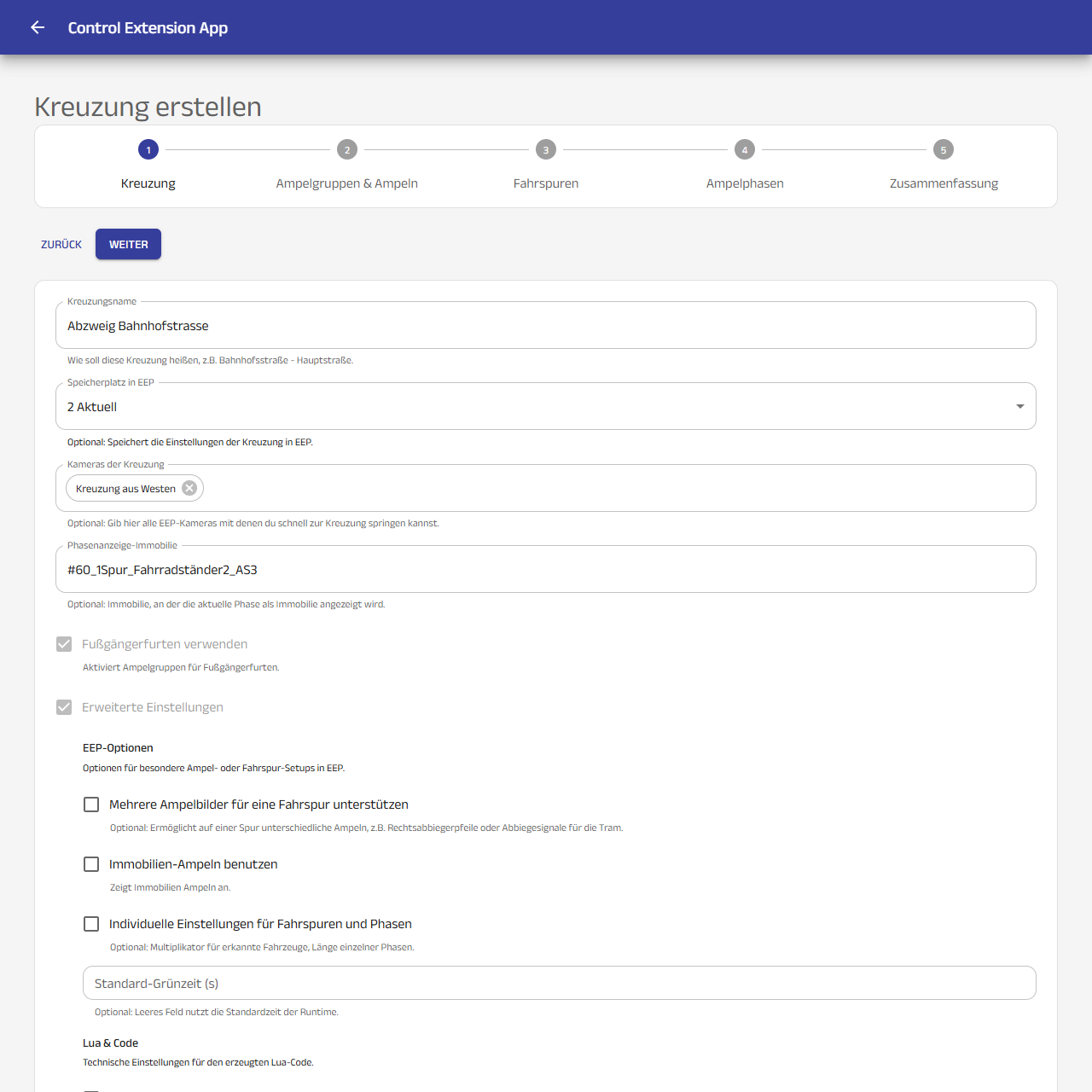Schritt 1: Kreuzungseinstellungen
